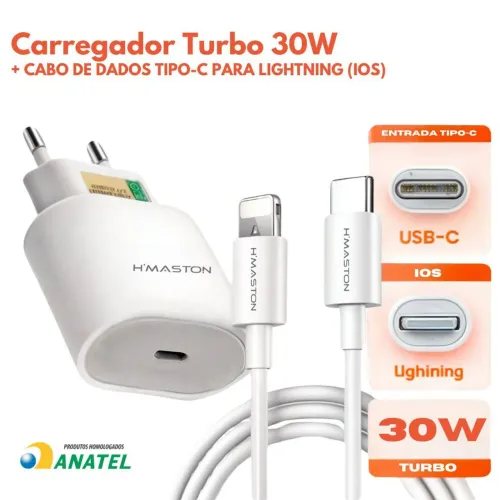 Carregador Turbo 30w iPhone (iOS) - USB-C - Lightning