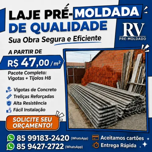 Laje Pré-Moldada de Qualidade (Pacote: Vigota + Tijolo H8) - Entrega Rápida