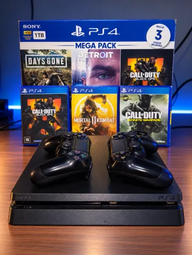 PS4 Slim 1TB + 2 Controles + 3 Jogos + Caixa Original | Completo