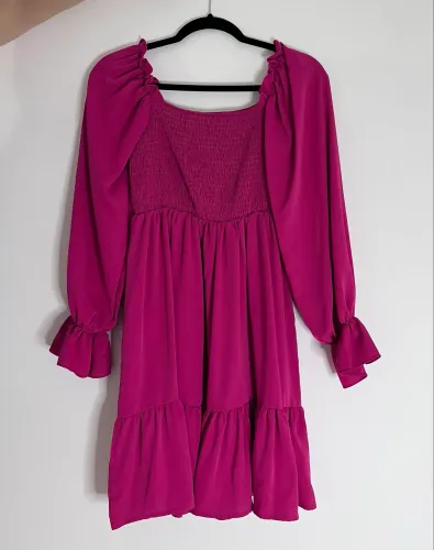 Vestido Rosa Pink com Lastex e Manga Bufante