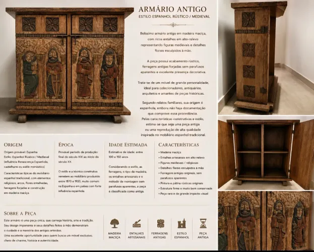Armário Antigo em Madeira Maciça - Estilo Espanhol Rústico/Medieval