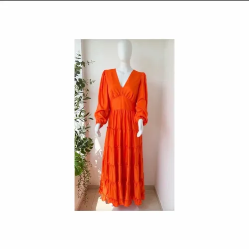 Vestido Luleg Original Tam G Laranja Longo Manga Bufante Babado - Boho Festa
