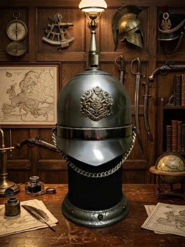Decantador Capacete Cravado Pickelhaube Alemão. Caixa de Música Brasão Real. Made in Japan