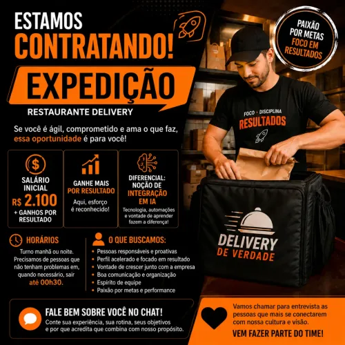 Vaga expedição restaurante delivery. Experiencia em integração com IA