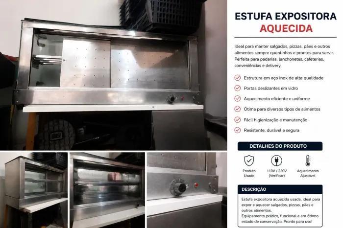 Estufa Expositora Aquecida Inox para Salgados e Pizza - Ótimo Estado