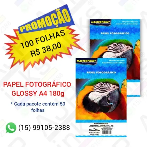 PROMOÇÃO - Papel Fotográfico Glossy A4 180g - 100 FOLHAS