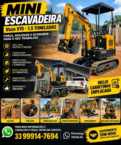 Mini Escavadeira Vulze 1,5 Ton + Martelete, Perfurador e Carretinha