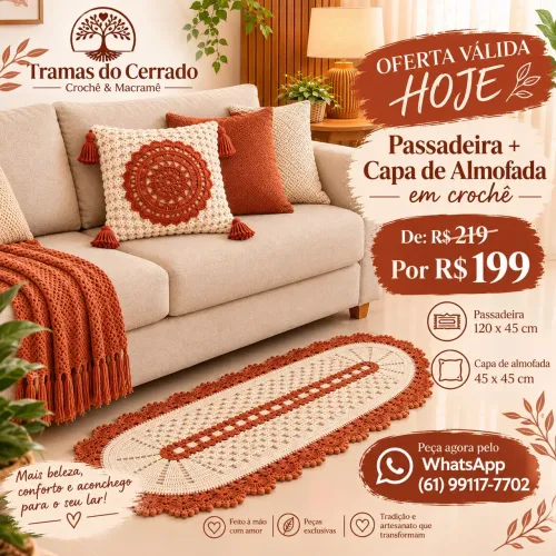 Passadeira e capa de almofada em crochê, decoração para casa