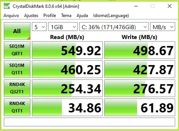 SSD Adata SU650 Blue - 480GB Sata3 Win/Office - Teste de leitura e gravação conforme foto