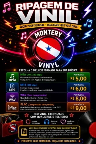 Ripagem de Vinil Profissional para MP3, FLAC, WAV e M4A | Áudio de Alta Qualidade