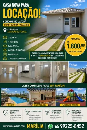 Casa nova para locação no Condomínio Jatobá (fechado)