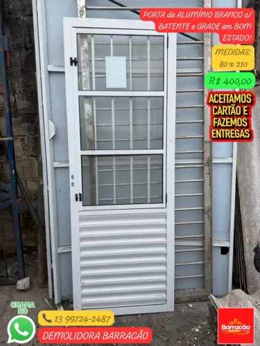 Porta de Alumínio Branco 80x210 c/ Grade e Batente em Bom Estado