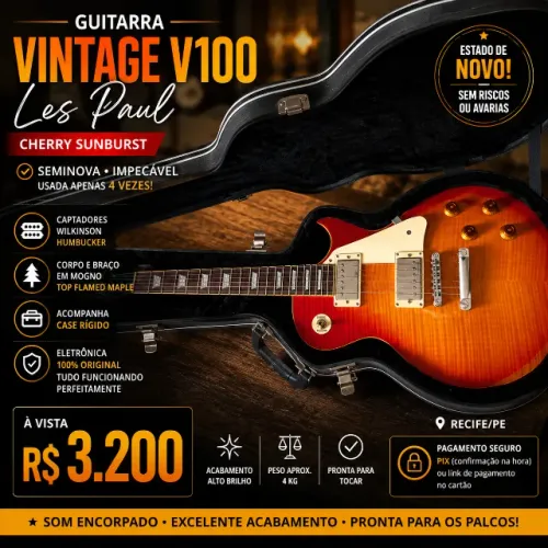 Guitarra Vintage V100 Les?Paul (Cherry Sunburst) impecável com case - seminova