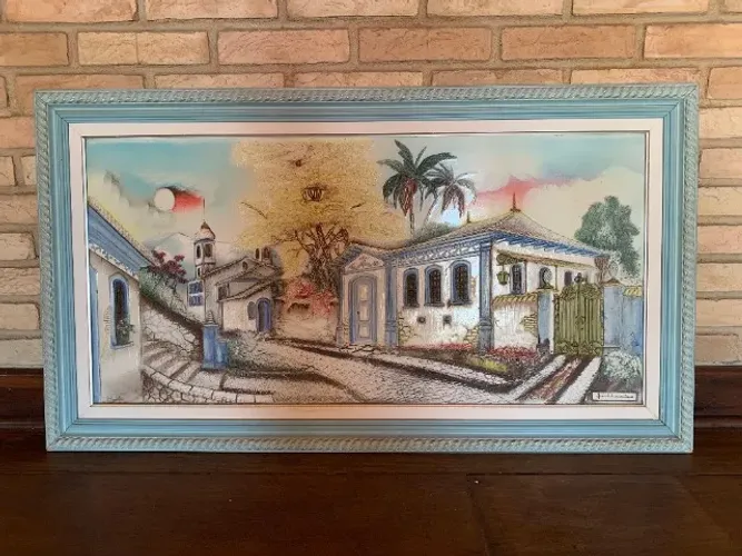 Quadro decorativo assinado - vila colonial