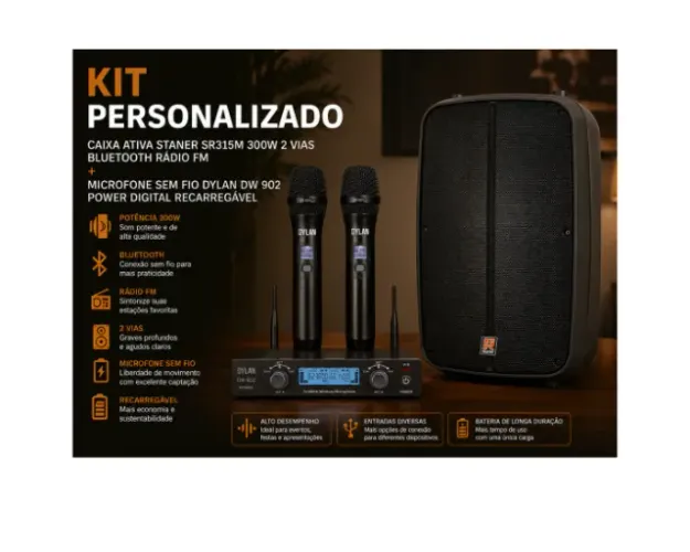 KIT - Caixa Ativa Staner 300W 2 Vias SR315M + Microfone Sem Fio Dylan DW902 UHF