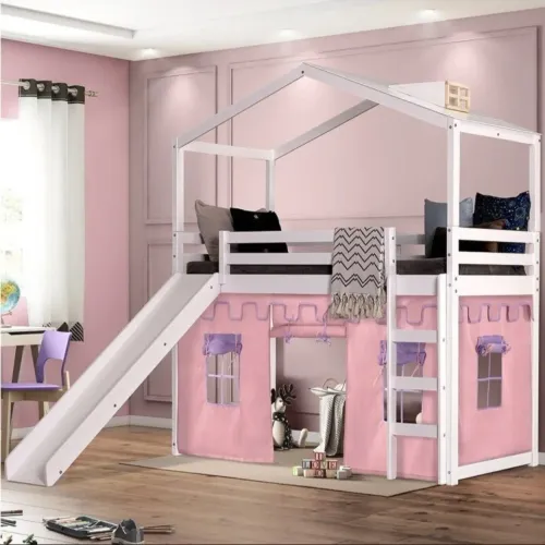 Cama infantil com escada e escorregador