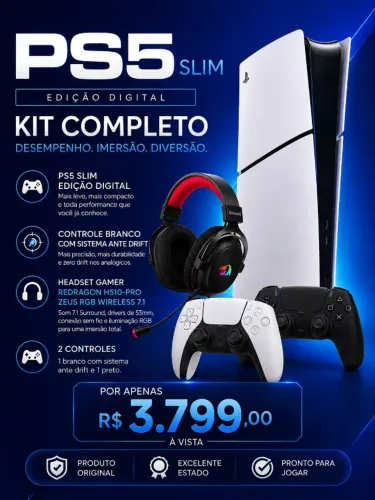 Ps5 slim digital+ acessórios fone e 2 controles