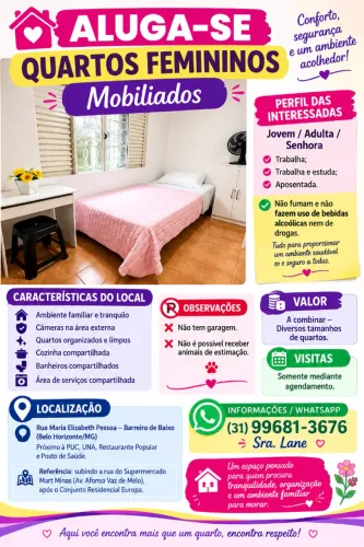 Aluguel quartos femininos mobiliados - (PUC-BARREIRO/SUP.MART MINAS)