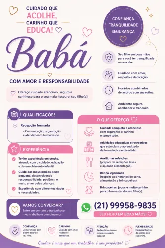 Babá com Experiência em Creche | Cuido do seu filho com carinho e responsabilidade
