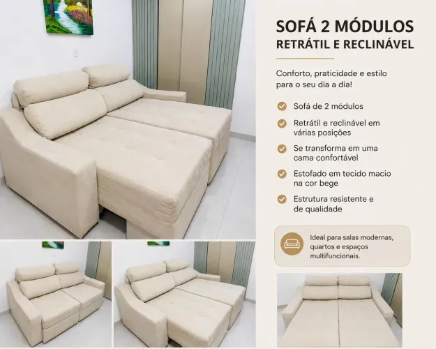 Sofá cama retrátil e reclinável 4 lugares, 2,10 de largura