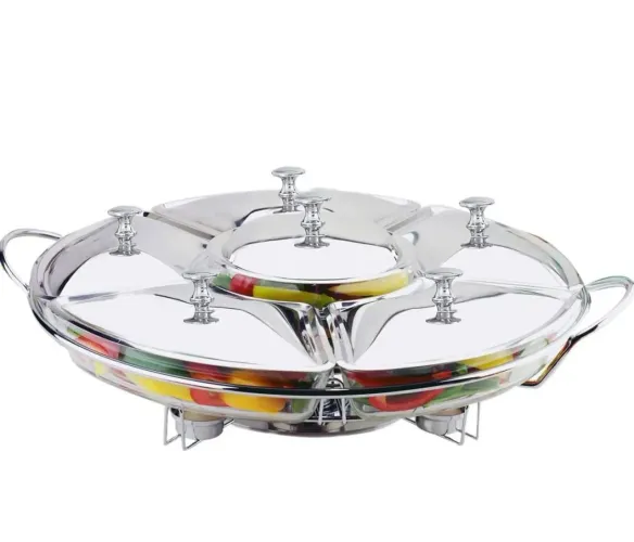 Rechaud Giratório Com 6 Compartimentos Aço Inox E Vidro 52cm