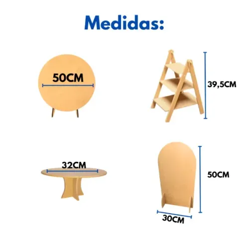 Kit Mini Festa Mesa Painel Redondo Mdf + Arco Romano + Boleira + Escadinha Porta Doce Lemb