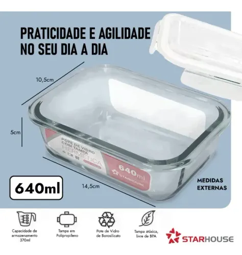 Potes Herméticos Vidro 640ml Starhouse Marmita Forno Micro-ondas
