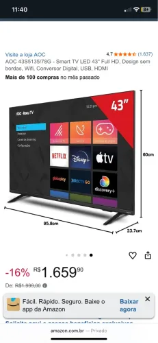 Tv AOC 43S5135/78G - Smart TV LED 43" Full HD