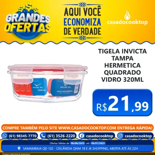 TIGELA INVICTA TAMPA HERMETICA QUADRADO VIDRO 320ML