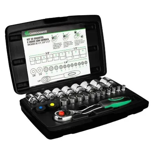JOGO DE SOQUETE CARBOGRAFITE C/CATRACA 20 PÇS C/ADAPTADOR 1/2; 1/4; 3/8POL
