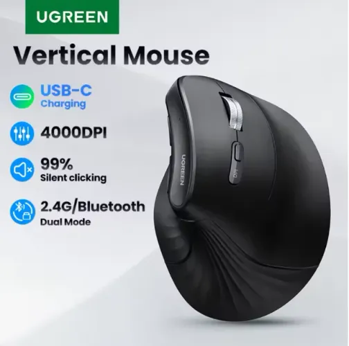 UGREEN Mouse Vertical Ergonômico - Dual mode: Bluetooth e 2.4G, 4000DPI