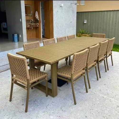 Conjunto Mesa retangular alumínio ripado e cadeira corda náutica