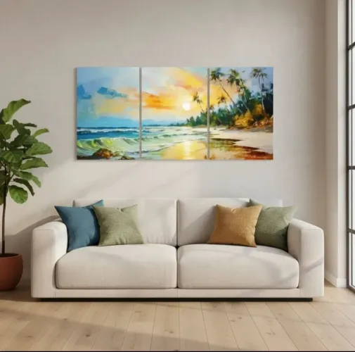 Kit de 3 Quadros decorativos de paisagem de madeira pinus com adesivo