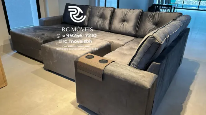 Sofá Modulado Toro com Chaise e Puff 3.10m Suede D33 - Sofá Grande