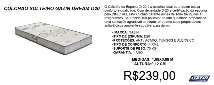 Colchão solteiro gazin d20- temos a pronta entregga