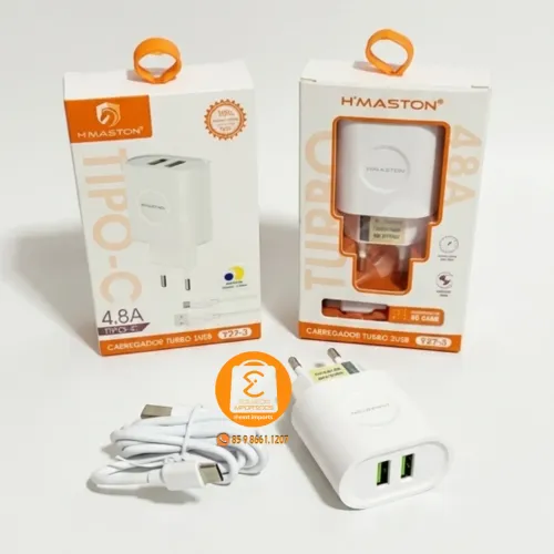 24w de Potência, Carregador Turbo Tipo-C 1 Metro 4.8A Com 2 Entradas USB
