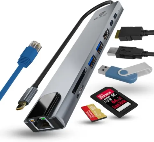 Hub Adaptador USB 8 em 1 HDMI 4K, RJ45, Leitor de Cartão SD, Micro SD, TF, USB 2.0, USB C