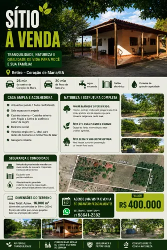 SÍTIO DOS SONHOS 16.000m2 - Coração de Maria (30 min de Feira de Santana)
