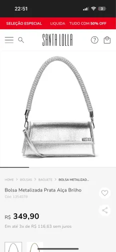 Bolsa Metalizada Prata Alça Brilho Santa Lolla