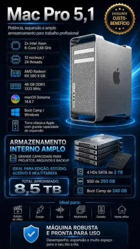 Mac Pro 2010 8.5 teras armazenamento RX 580 Safira Nitro de 8 GB 48 GB de Ram doisTeclado