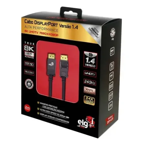 Cabo Displayport Versão 1.4 - 8k 60hz / 4k 120hz / 1080p 240hz - ELG
