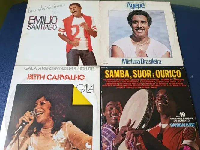 4 LP's De Samba: Emílio Santiago, Agepê, Beth Carvalho e coletânea Samba, suor e ouriço