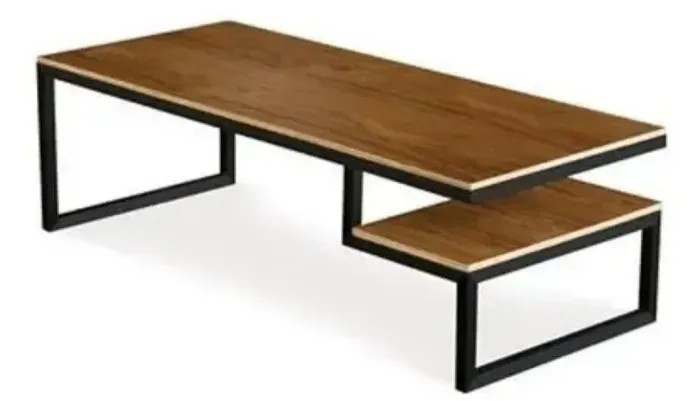 MESA DE CENTRO RETANGULAR EM ACO E MADEIRA 2 COMPARTIMENTOS 