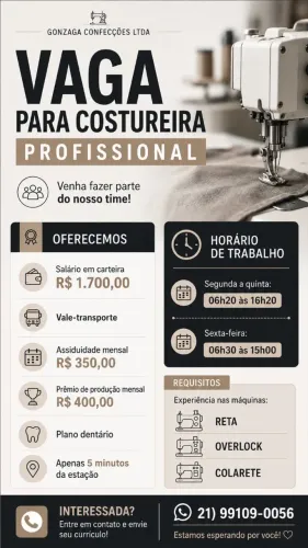 VAGA PARA COSTUREIRA PROFISSIONAL até R$2650,00