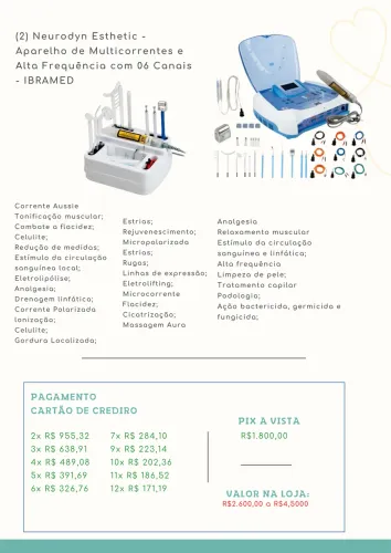 Neurodyn Esthetic - Aparelho de Multicorrentes e Alta Frequência com 06 Canais - IBRAMED