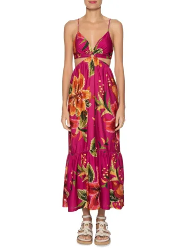 Vestido Midi Bordando Flor Rosa Farm