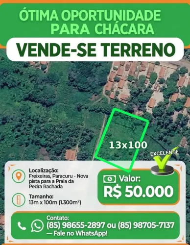 Ótimo oportunidade em Paracuru, terreno 13 m por 100 m há 50 metros do asfalto