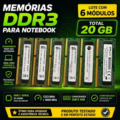 Memórias RAM DDR3 para Notebook - Lote com 6 Módulos (20 GB)