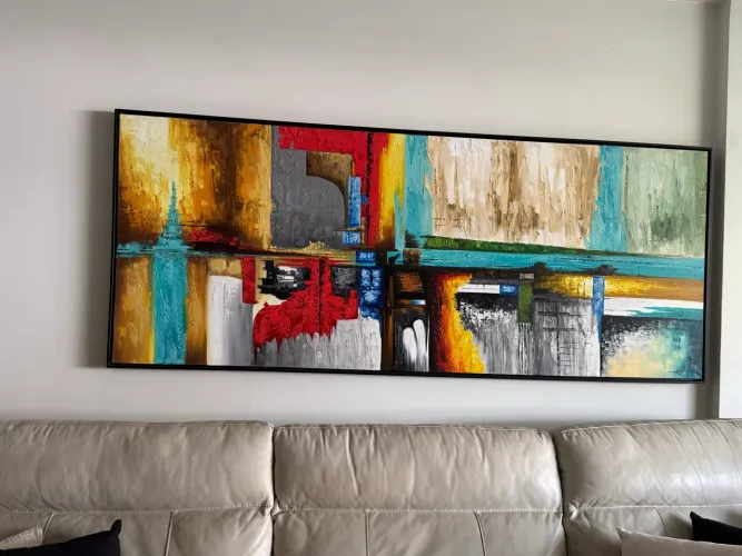     Quadro Abstrato Moderno Panorâmico - Arte Contemporânea com Textura e Cores Vibrantes