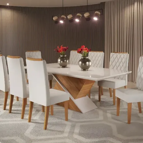 Mesa de Jantar com Tampo de Vidro + 8 Cadeiras Off-White